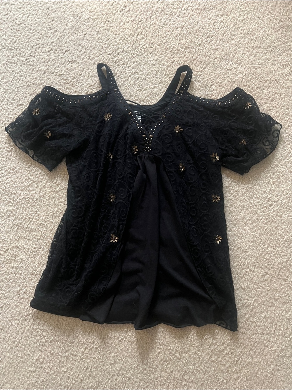 VENUS Black Cold-Shoulder Lace Blouse with Gold Floral Accents